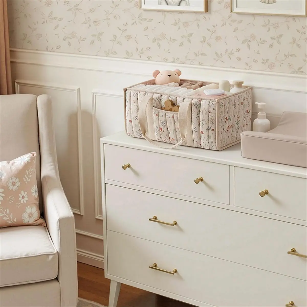 ABFW Floral Diaper Organizer, Stylish Nursery Storage Basket, Gift for Baby Shower, Newborn Essentials, Floral Beige