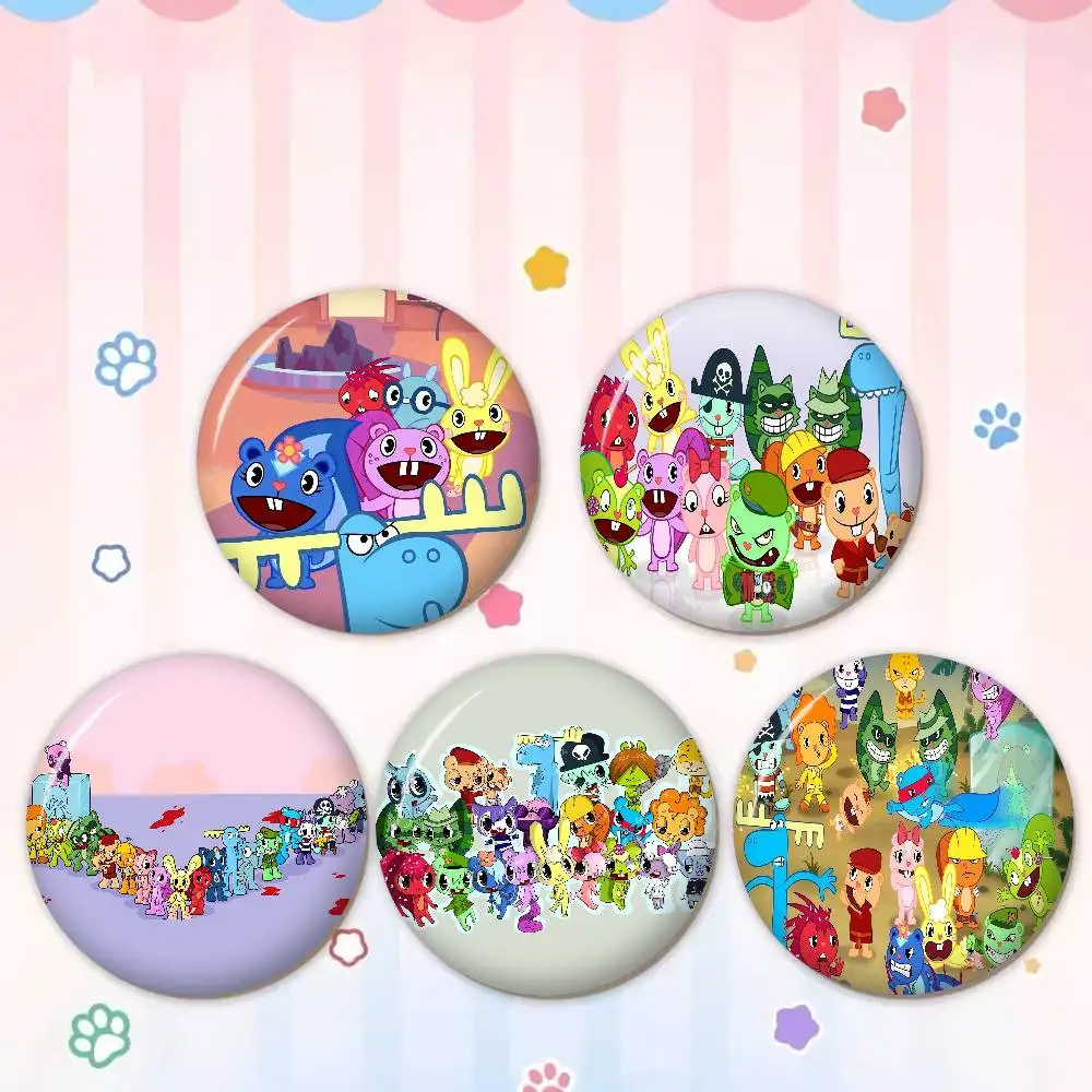 Happy Tree Friends Cartoon Creative Pins Funny Round Snap-in Brooch Badge Backpack Hat Accessories Jewelry Gifts for Friend