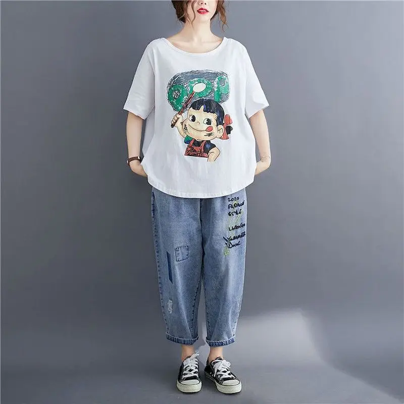Cotton T-shirts for Women Summer Trend Thin Short Sleeve Top Fashion Cartoon Printed Tshirt Casual Loose Slimming  Versatile Top