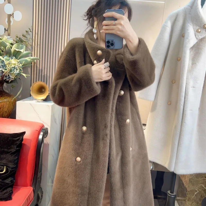 Luxury Aesthetic Wool Long Jacket Women Winter Warm Faux Fur Coat Thick Windbreaker Stand Collar All-match Brand Fur Overcoat