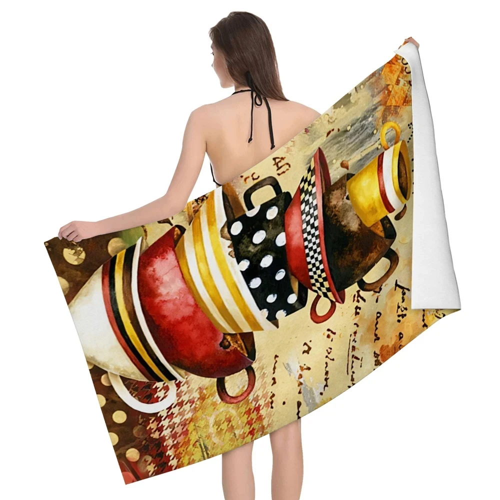 Colorful Graffiti Coffee Cup Print Beach Towel Microfiber Quick-Dry Bath Towel Absorbent Sandproof Sports Travel Camp Spa Towels