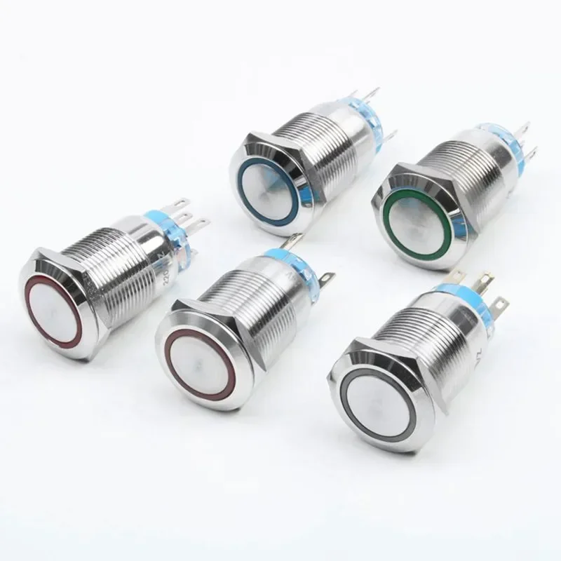 10pcs 19mm Metal brass Push Button Switch flat round illumination ring Momentary self reset locking 1NO 1NC Car press button