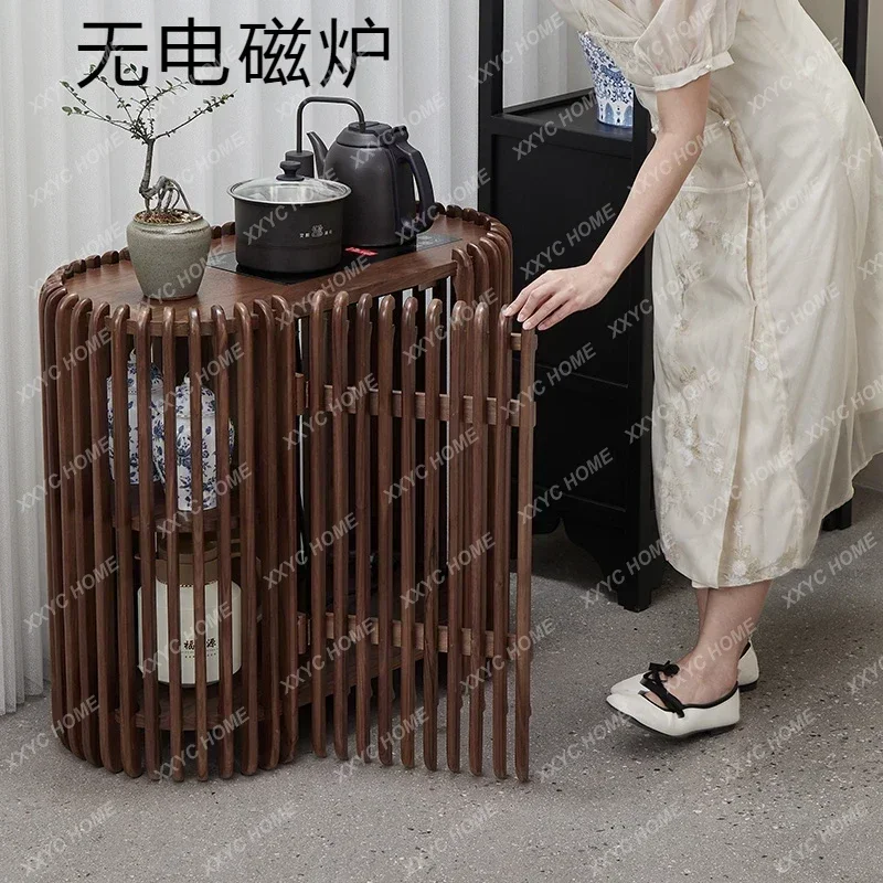 New Chinese Style Tea Cabinet Induction Cooker Shelf Modern Style Solid Wood Side Table Tea Side Cabinet Tea Table Black Walnut