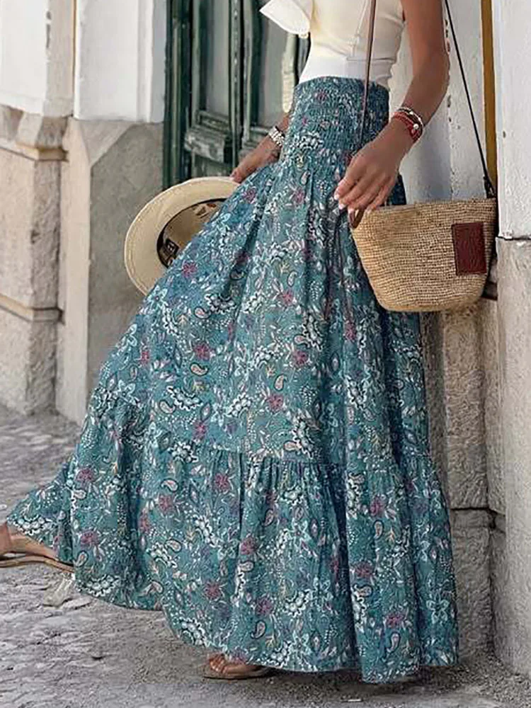 Elegante Zomer Vakantie Kleurrijke Rokken Vrouwen Patchwork Ruches Casual Lange Rok Elastische Taille Lady Straight Print Rok Vestido