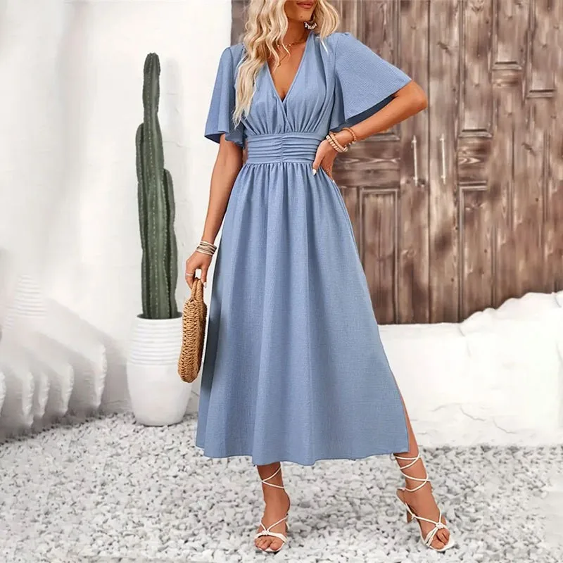 

Fashion High Street Ruffle Long Dress Summer V-Neck Pleated Solid color Short-sleeved Slim Waist Women Long Midi Maxi Dresses