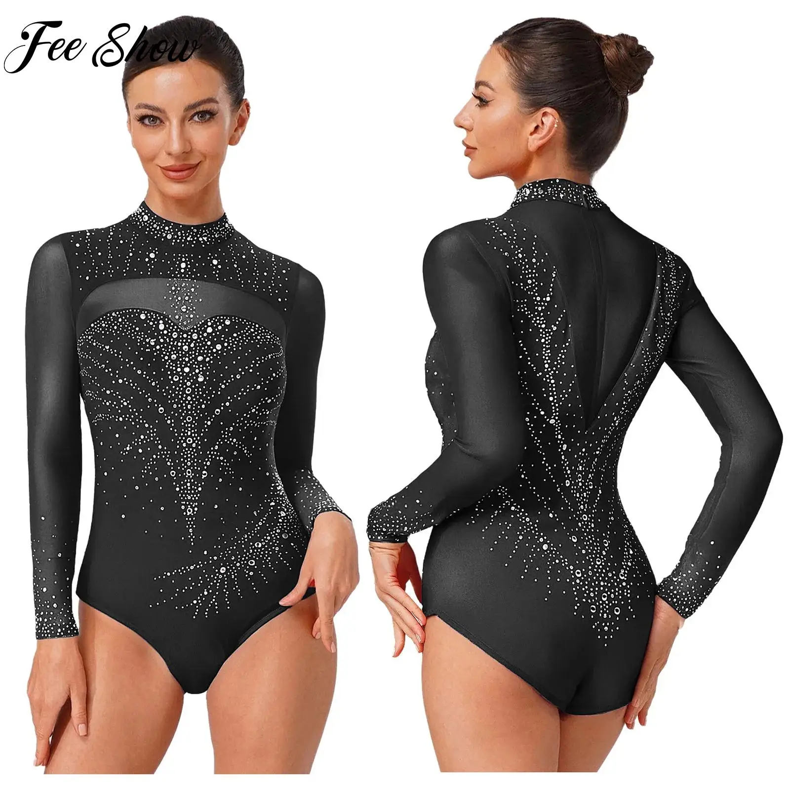 

Women Long Sleeve Figure Skating Jumpsuit Ballet Dance Artistic Gymnastics Performance Outfit Mock Turtleneck Rhinestone Leotard