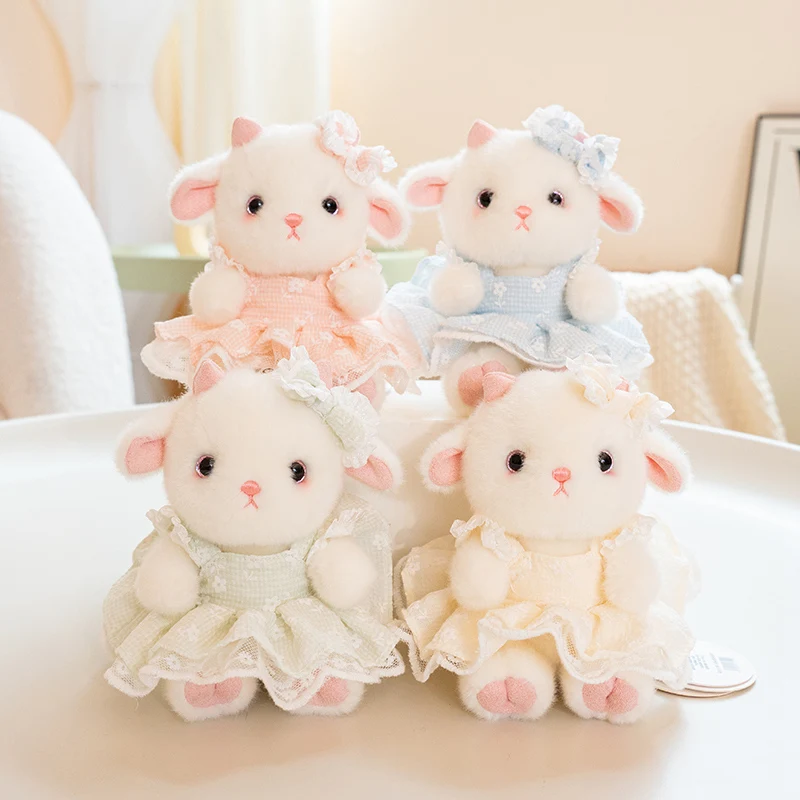 Stuffed Animal Sheep Dress with Lace Trim and Floral Embroidery Detailed Design Visual Texture Crafted Character Display
