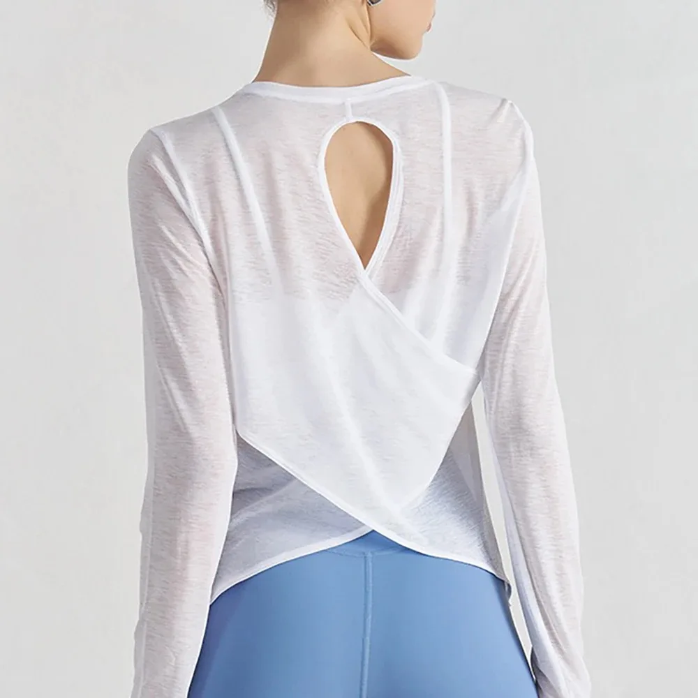 

Women's Summer Yoga Cover-Up Thin Long-Sleeved, Loose Breathable Round Neck Top, Hollow Cross Bac Fitness Activewear