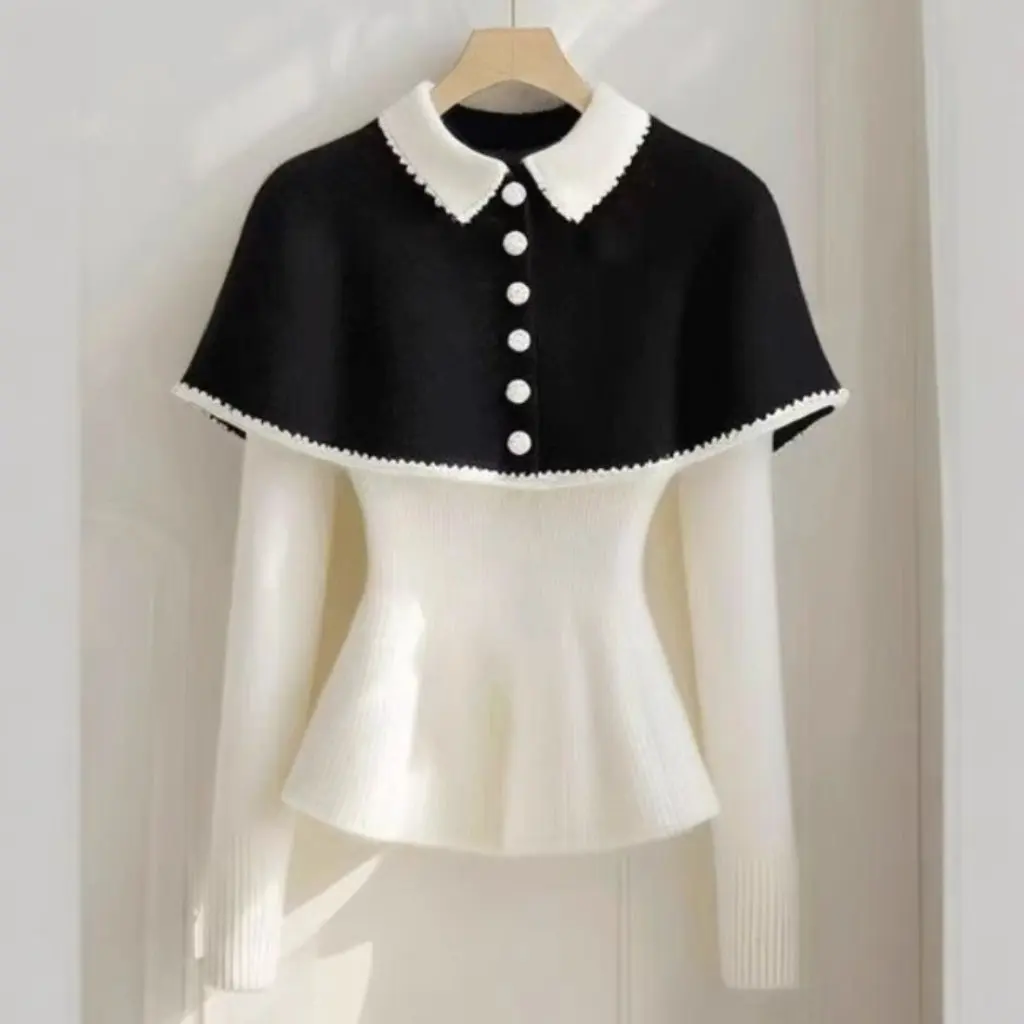 

Women's Style Knitted Sweater Black And White Contrast Color Cape Short Coat Spring Outfit