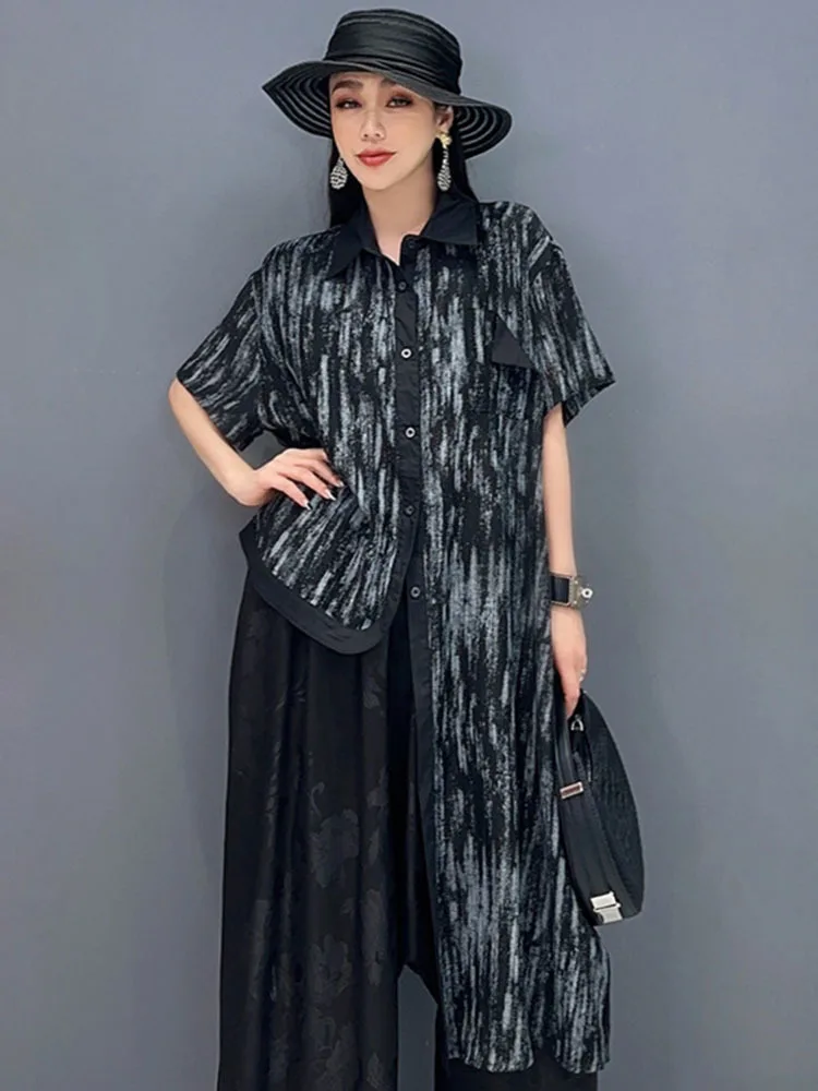 Vefadisa 2025 Summer New Women Dark Gray Irregular Long Shirt Short Sleeve Printed Loose Large Size Women Shirt HLX145F1