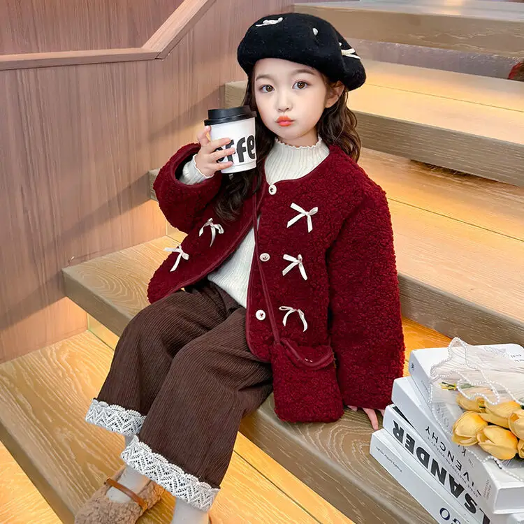 

Girls Suits Children 2024 New Autumn Winter Red Wool Coat and Pants Two-piece Set Clothes Korean Simple Style Clothes Fashion