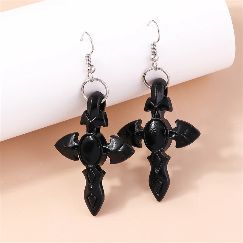 Women's Gothic Black Cross Drop Earrings, Dangle Hook Design