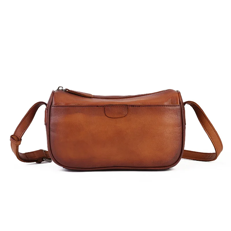 Simple solid-color handcrafted single-shoulder underarm bag, retro top layer cowhide pillow bag for ladies