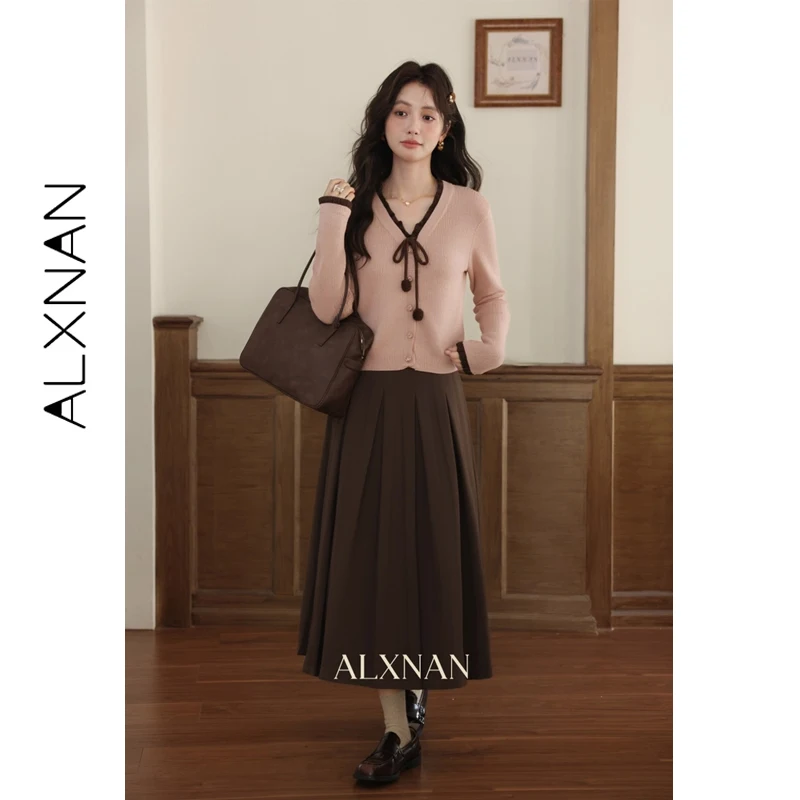 

ALXNAN Pink Sweater Loose-fit Casual Elegant Fake Two-Piece V-neck Bow Tie Pullover 2025 Fall Winter Female Clothing DYL663023
