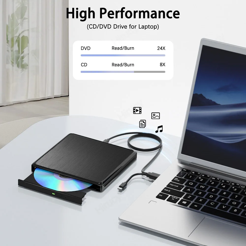 USB3.0 External CD DVD RW Optical Drive Long Data Cable CD/DVD Player Burner Writer for Laptop Desktop PC Windows 11 10 Mac OS