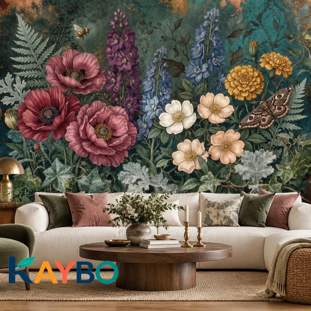Floral Wallpaper Mural Vintage Botanical Flowers Butterfly Wall Decor for Living Room Bedroom Home Non Self Adhesive Farmhouse
