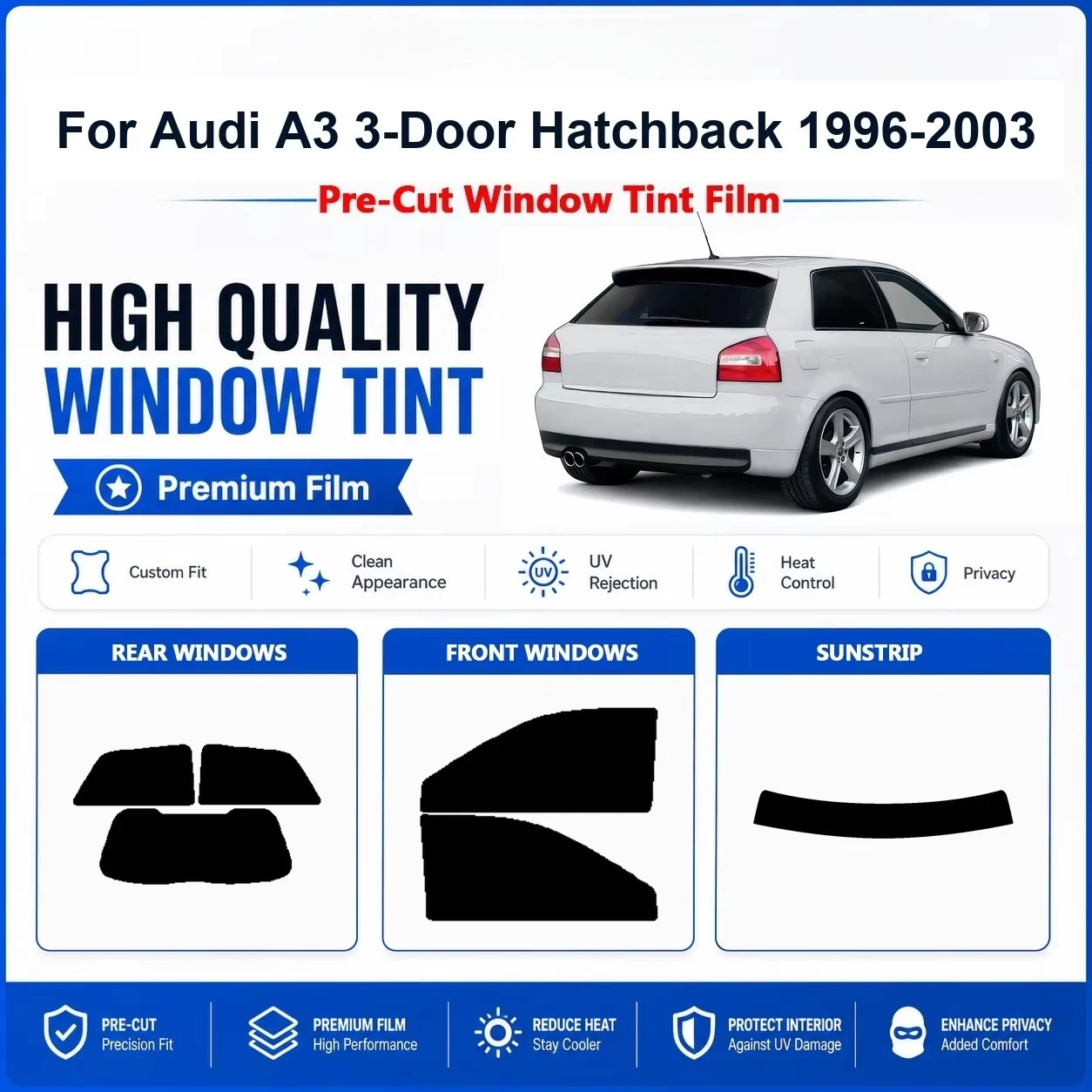 Pre-Cut Premium Window Tint For Audi A3 3-Door Hatchback 1996-2003 Front & Rear Windows, Film With UV & Heat Rejection