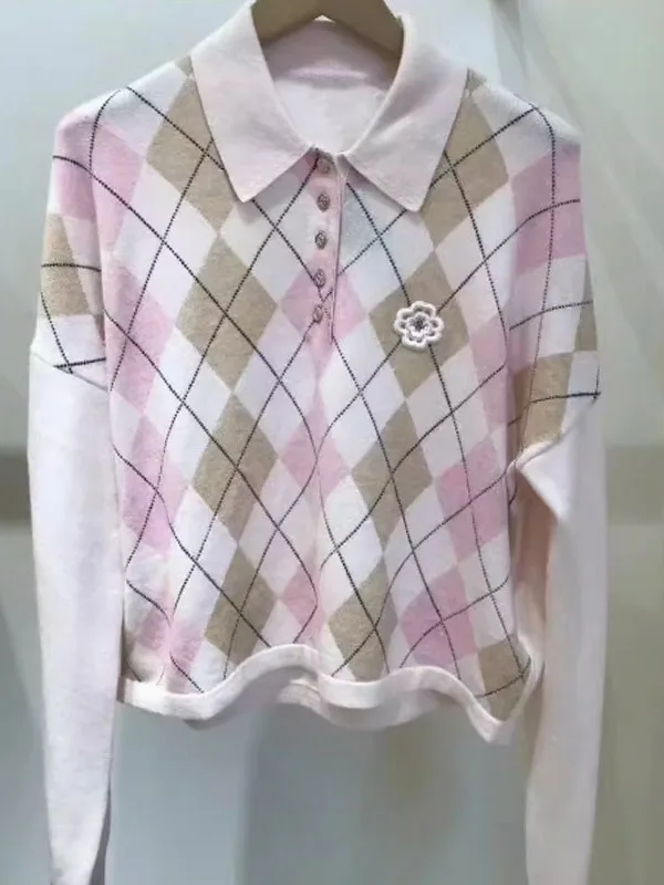 

Quali Early Autumn Sweet School Sle Diamond Pattern Collar Splice Knitted Sweater Pink Women's Woolen Knitwear DBNY