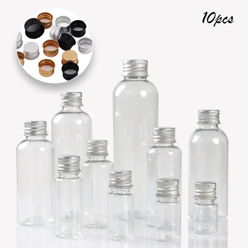 Bottiglia di plastica trasparente da 10 pezzi 5-500 ml con tappo a vite in alluminio Barattoli piccoli Contenitore cosmetico Kit da viaggio Bottiglie vuote riutilizzabili Barattoli