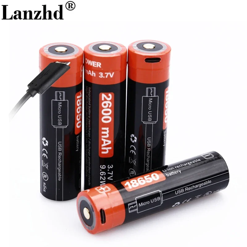 

1-8pcs 3.7V 18650 Battery Li-ion 3.7v USB Rechargeable batteries 18650 2600mAh Actual Micro USB DC-Charging Intelligent Cell