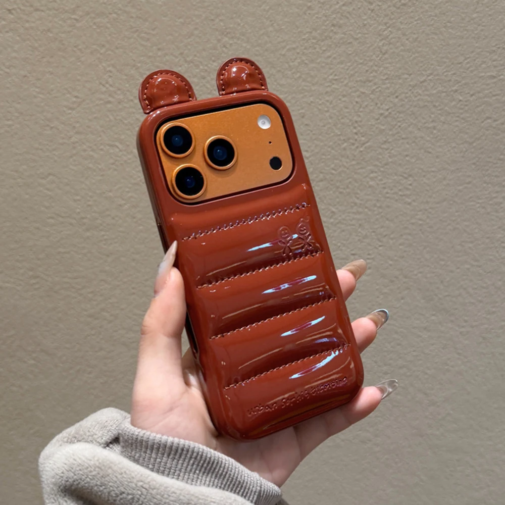 

Brown Leather Down Jacket Bear Ears Phone Case For iPhone 17 16 15 14 Pro Max 13 Urban Sophistication Shockproof Protector Cover