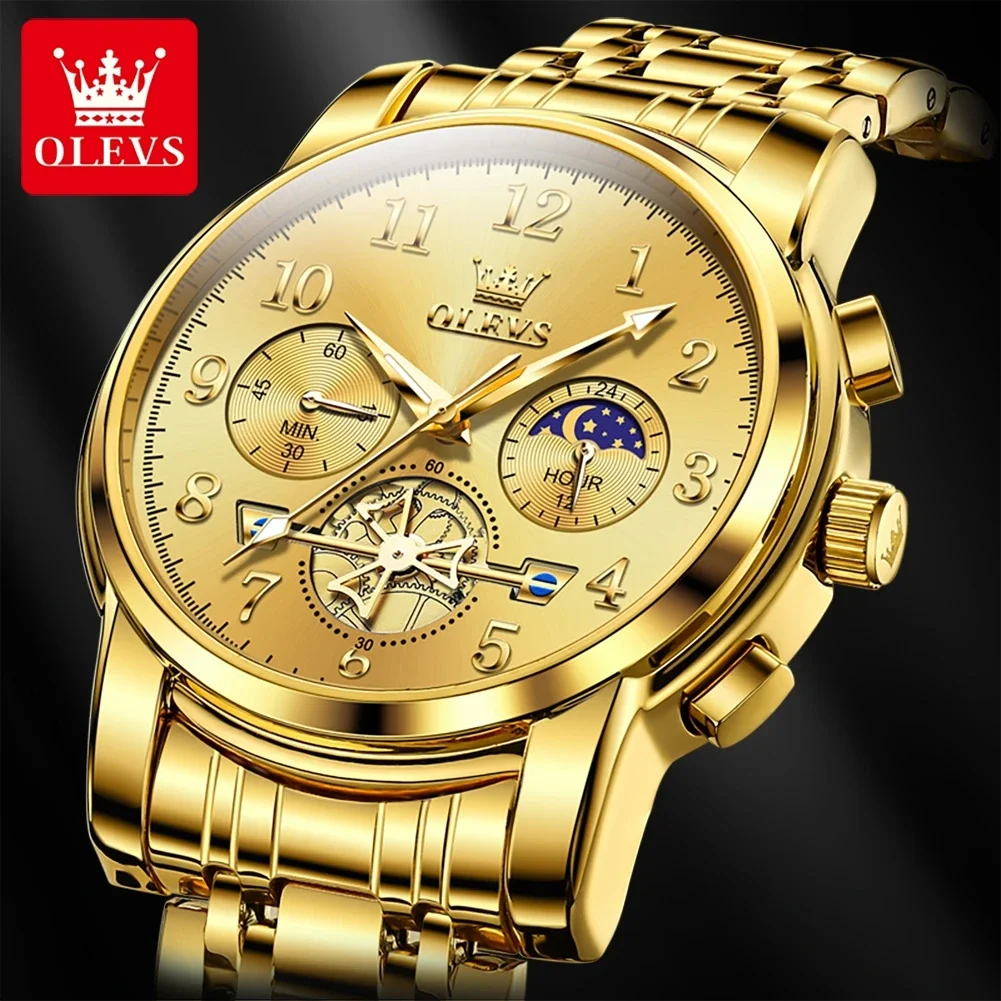 OLEVS Luxury Classic Flywheel Design Men's Quartz Watch Waterproof Moon Phase Chronograph Fashion Original Wrist Watch for Men