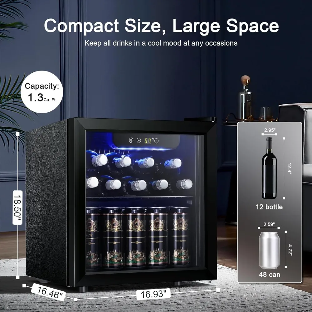 12 Bottle 48 Can Beverage Refrigerator Cooler - Mini Fridge Glass Door for Beer Soda Drinks or Wine