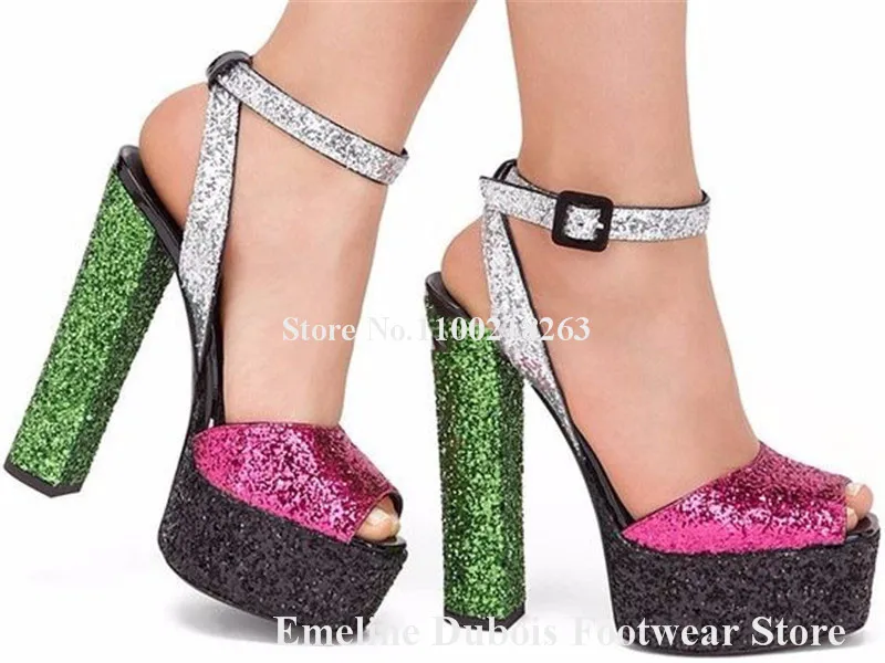 Bling Bling Patchwork Glitters Sandals Emeline Dubois Peep Toe Sequined High Platform Chunky Heel Dress Shoes Wedding Heels