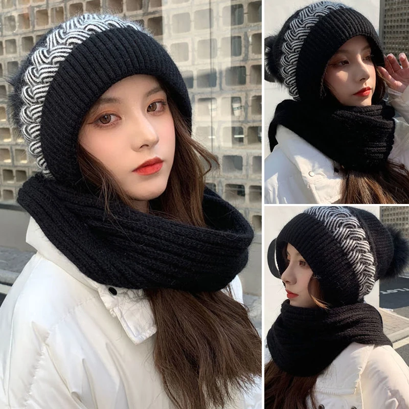 Women Winter Hood Beanies Thick Woolen Knitted Hat+Scarf Fur Pompom Crochet Bonnet Outdoor Ski Female Cap Warm Headgear