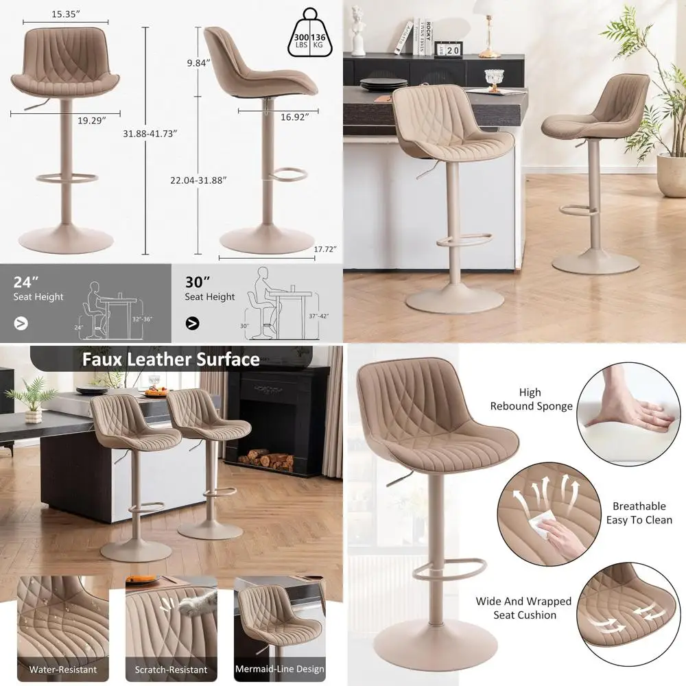 

Set of 2 Adjustable Swivel Counter Height Bar Stools, Khaki Faux Leather Upholstered with Metal Base for Kitchen Island or Home