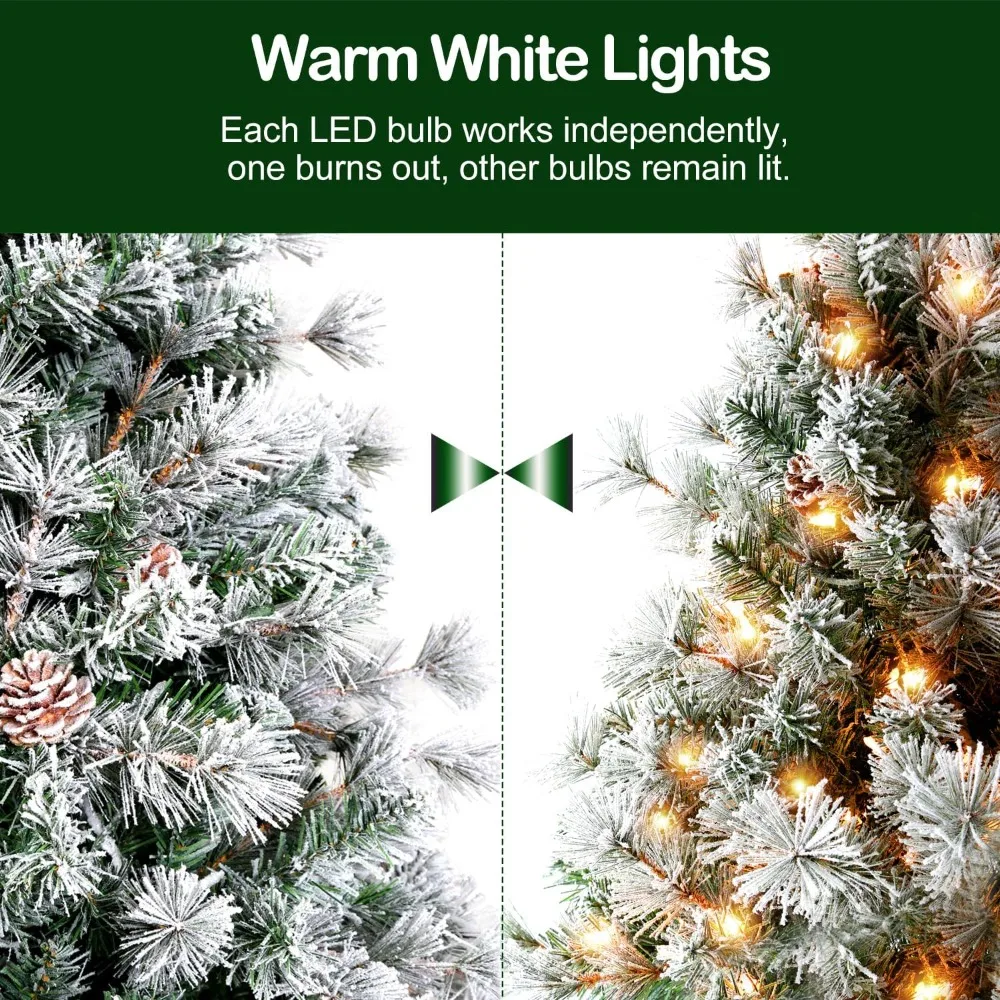 6.5 Ft Snow Flocked Christmas Tree with Pine Cones, Christmas Tree Wih 250Warm White Lights, Metal Stand and Hinged Branches