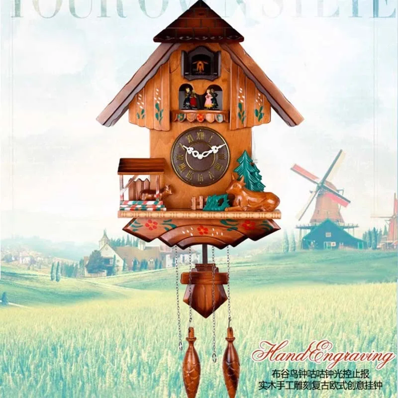 Painter's hand-painted work cuckoo wall clock Overseas cross-border Nordic pastoral style out of the window Music chimes on the