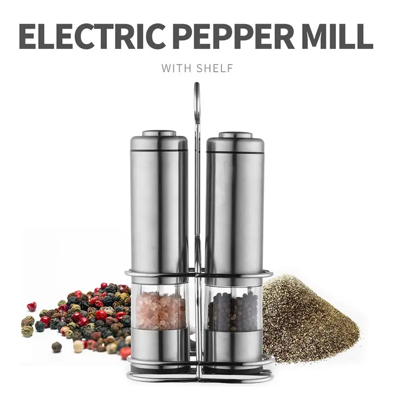 

Stainless Steel Electric Pepper Grinder Set With Steel Frame Spice Mill Gravity Adjustable Coarseness Automatic Sea Salt Grinder