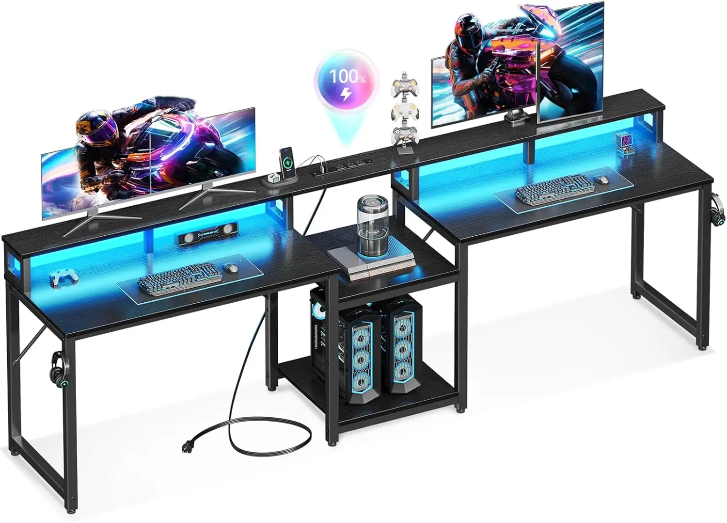

98 Inch 2 Person Gaming Desk with Storage Shelves, Long Double Home Office Computer Writing Desks with USB Charging Port