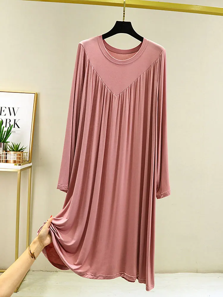 Modal Dress Ladies Nightdress Long-Sleeved Mid-Length Home Service Loose Large Skirt Pyjama