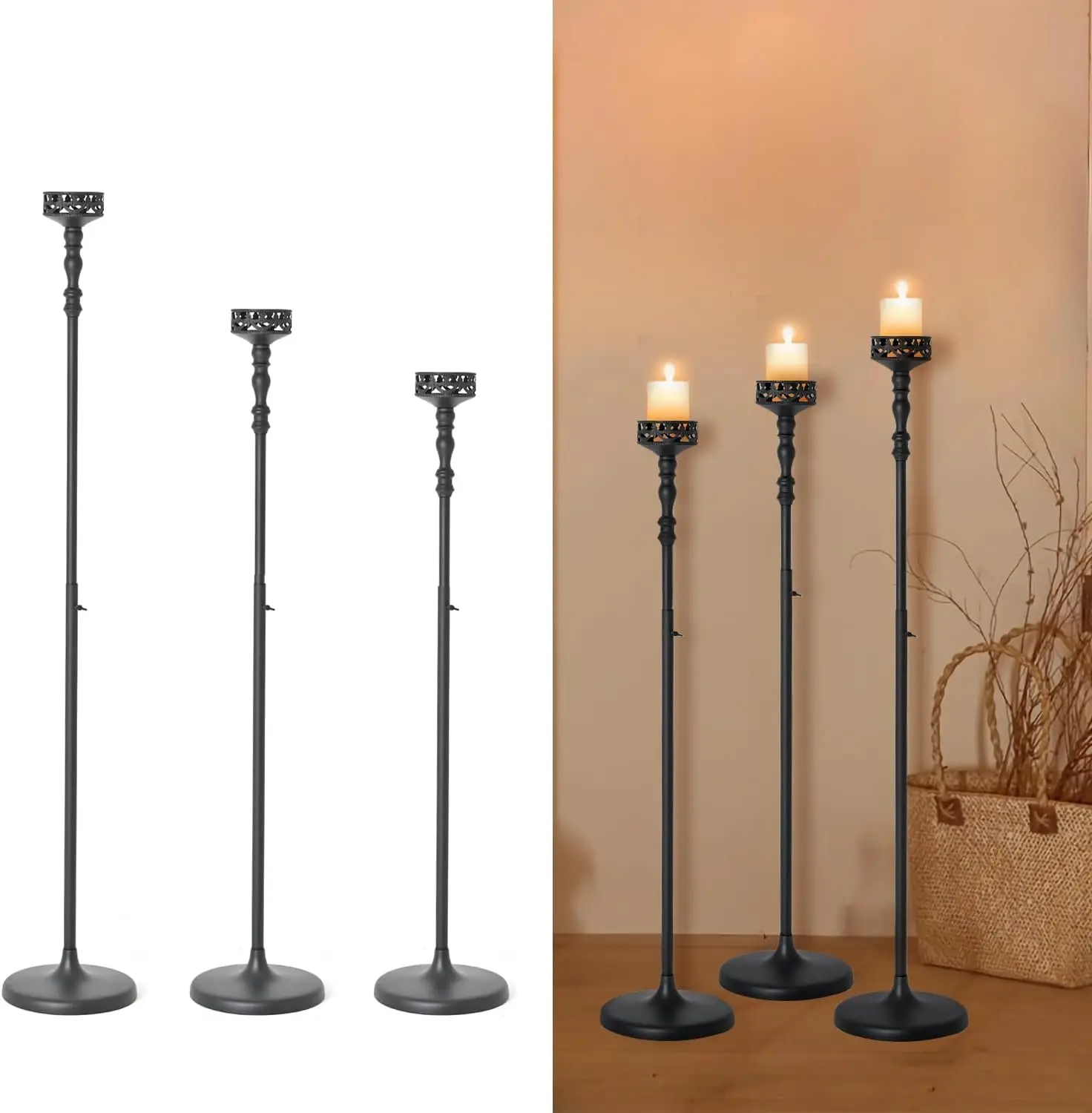 

Floor Candle Holder Centerpieces for Table 3Pcs Candle holders Metal Candlestick Set for Wedding Home Ceremony Halloween (Black)