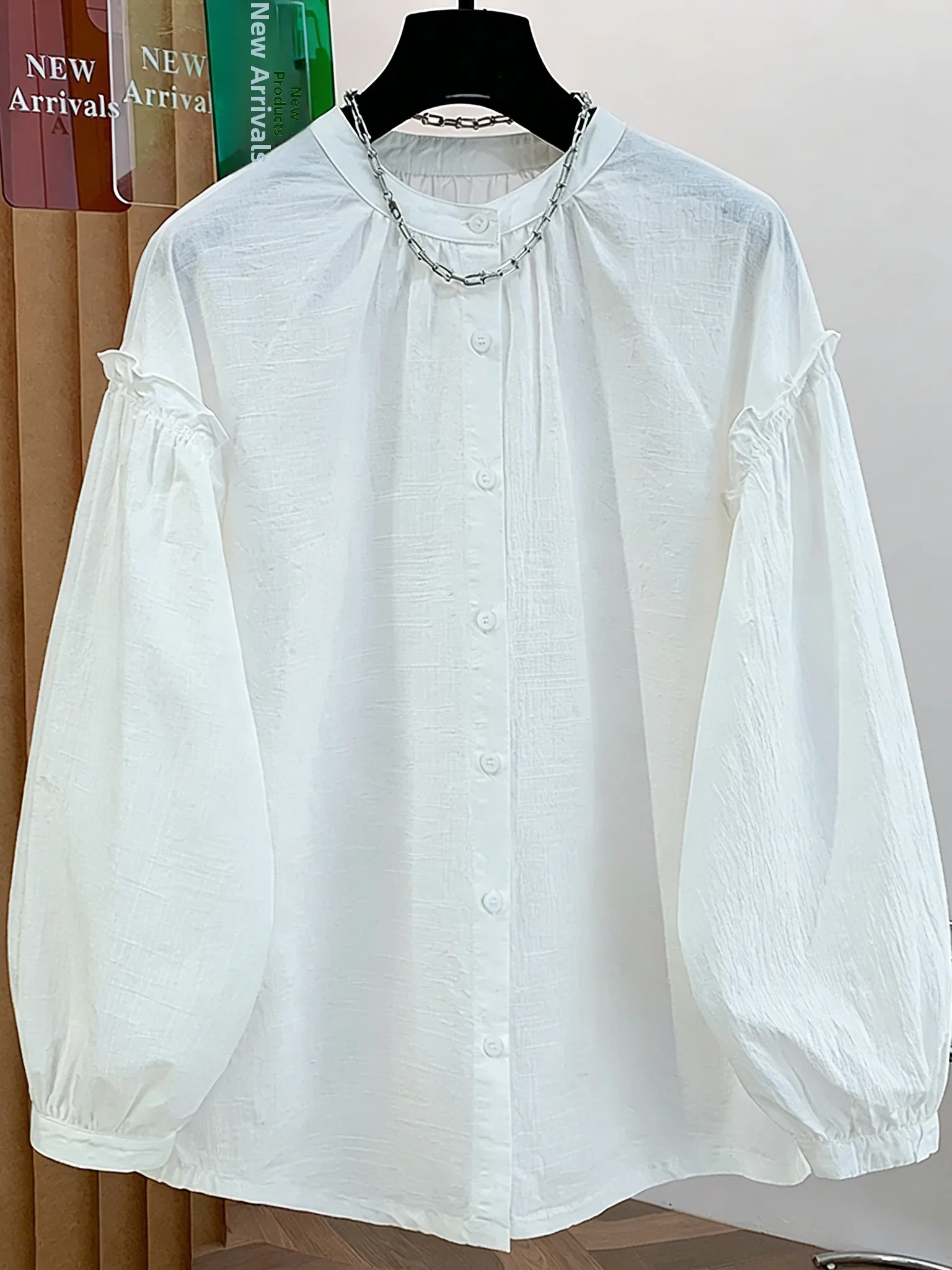 

White Cotton Lantern Sve irt Women's Loose Fit Korean Sle Spring New Design Sensation Top Flower Breeze irt