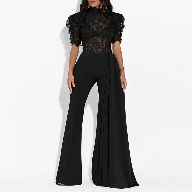 Women Sexy Lace Hollow Ribbon Solid Suit Casual Half Sleeve Perspective 2Pc Sets Fashion High Collar Top & Wide Leg Pant Outfit
