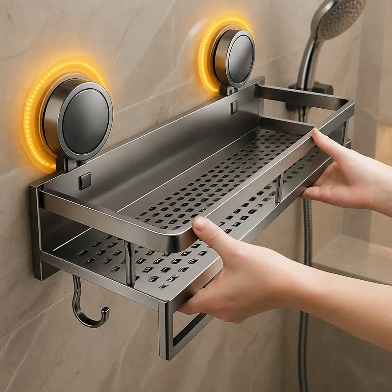 Wall-Mount Aluminum Bathroom Shelf with Suction Cups, No-Drill Storage Rack for Shower and Toilet Essentials