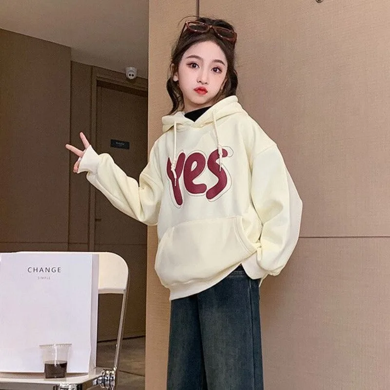 

Новое поступление осени/зимы 202, стильная теплая толстовка с капюшоном и флисовой подкладкой с длинными рукавами для пожилых девочек