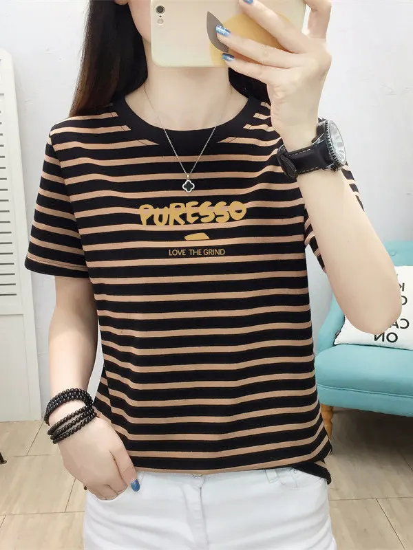 

Summer 2026 Fashionable Striped Short Sleeve Loose Women's T-shirt plus Size Mom Casual Cotton Blend Top Trendy Commute Style