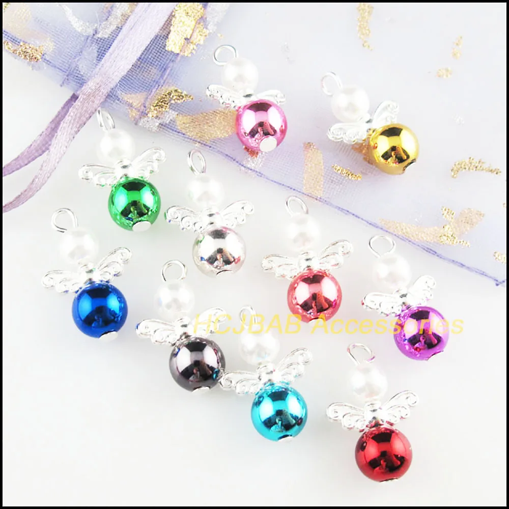 20Pcs Silver Plated Angel Mixed Acrylic Ball Charms Pendants 14x22mm HCJBAB