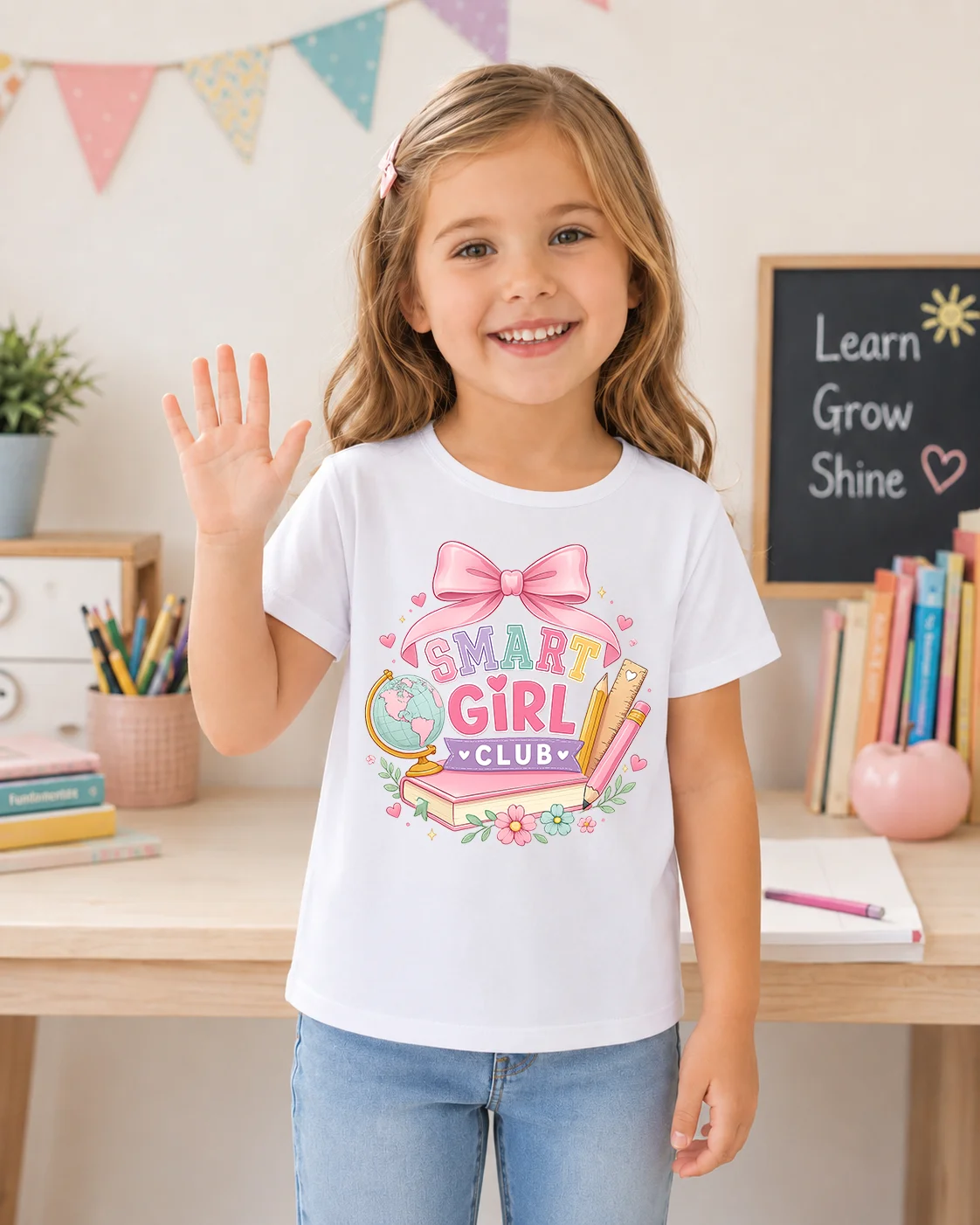 Kids Girls Smart Girl Club Print T Shirt Cute Bow School Book Graphic Short Sleeve T-Shirt Summer Casual O-neck Children Tops Ba