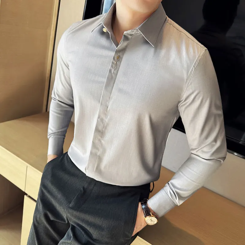 Men Shirts 2024 Spring British Style Anti-wrinkle High-EndSoft Solid Casual Elastic Slim Fit Shirt Long Sleeved Camisas Y Blusas