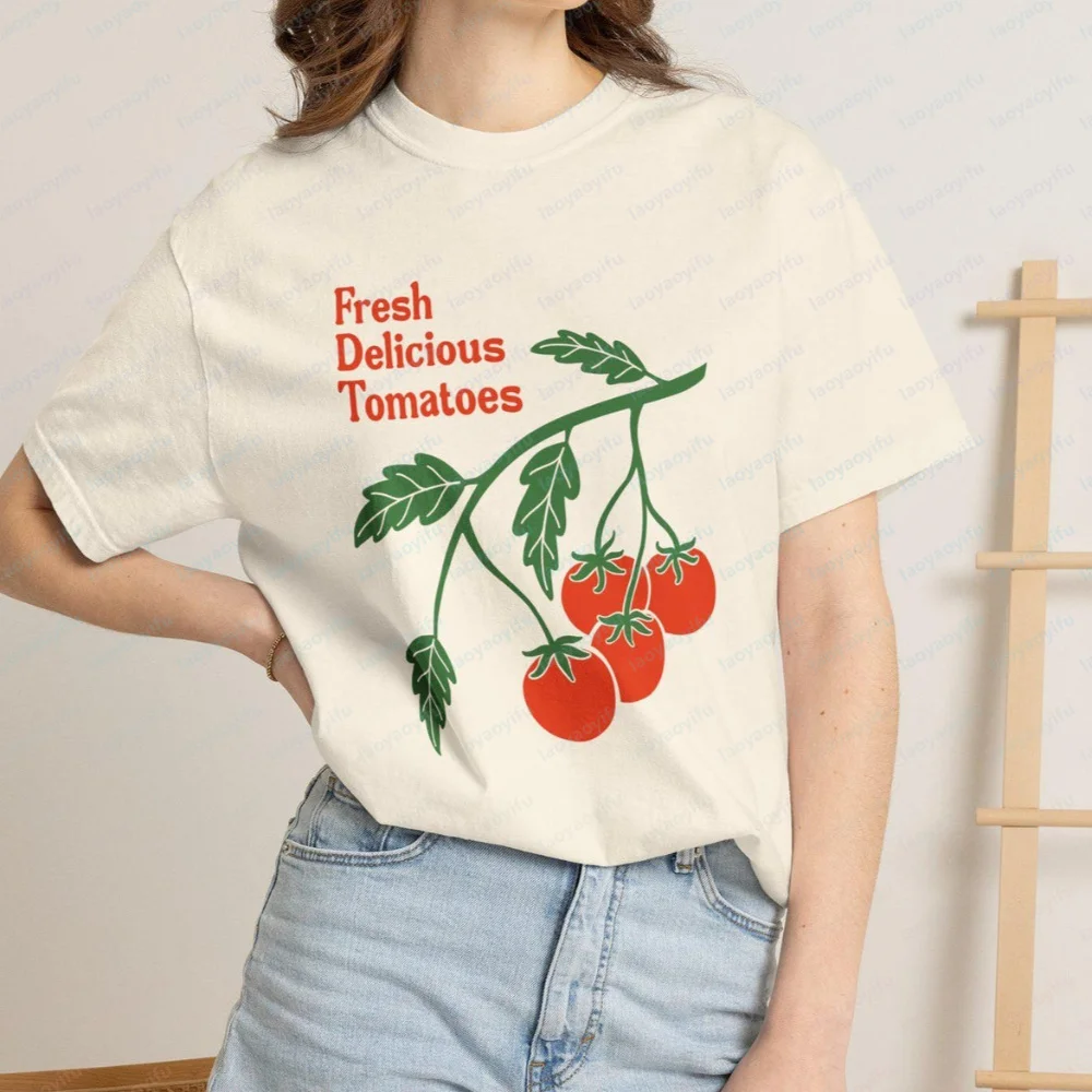 Camiseta con estampado de tomate fresco y delicioso, ilustración de tomate en rama, rojo y verde, transpirable, elegante, versátil, estilo urbano, oversize