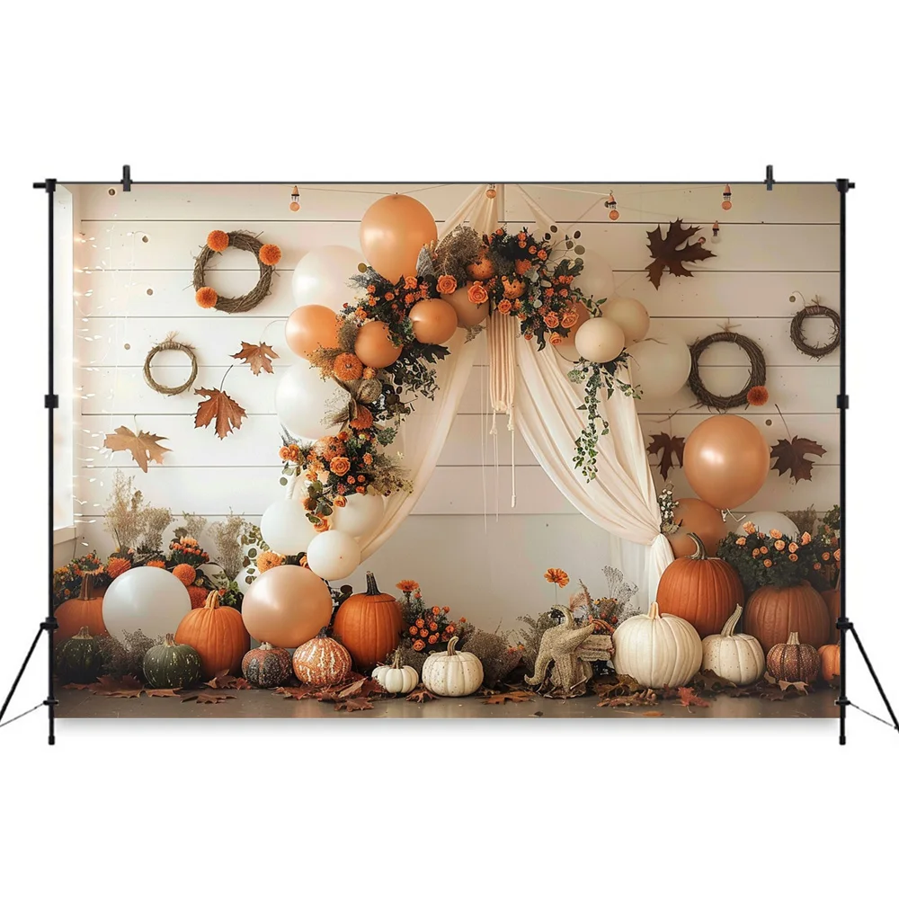 Autumn Boho Photography Background Pumpkin Balloon Tent Birthday Party Backdrop Decor Floral Kids Cake Smash Photo Studio Prop