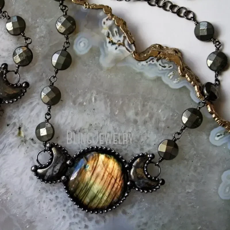 10pcs Labradorite Moon Phase Statement Necklace Women Pyrite Choker Goth Wicca Stainless Steel Collar Arcane Tiki y2k Jewelry