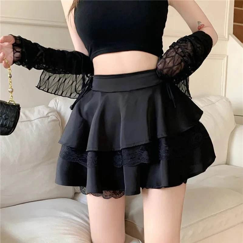 Y2K Sweet Solid Women Mini Skirt Summer High Waist Lace Patchwork Ladies Ball Gown Fashion All Match Ruffles Female Skirt