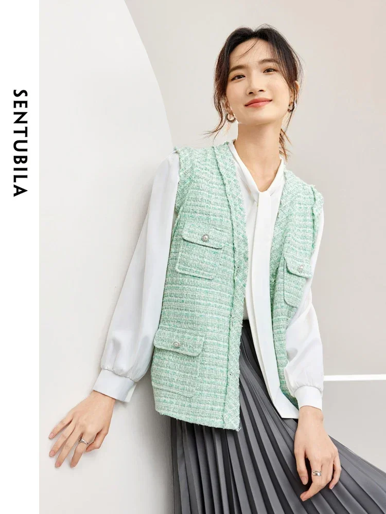 

SENTUBILA V-neck Green Tweed Waistcoats Women Vests 2025 Spring Elegant Pearls Button Sleeveless Jackets Vest Female 141J53262