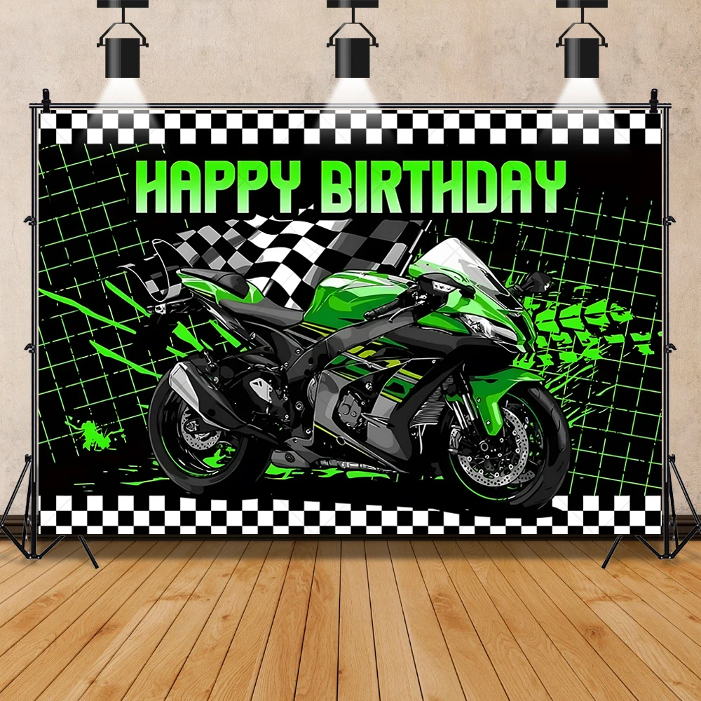 Motorcycle Background Mountain Off-Road Motorcycle Birthday Balloon Black and White Checkered Flag Banner Backdrop Kid Party